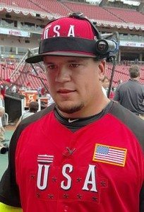 Schwarber at the 2014 All-Star Futures game. The slugger's fan relations made a good impression on an Iowa Cubs beat writer. By Arturo Pardavila III on Flickr (Originally posted to Flickr as "Schwarber's view") [CC BY 2.0 (http://creativecommons.org/licenses/by/2.0)], via Wikimedia Commons