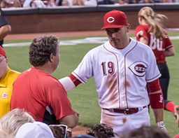 From August 27: Votto stares down a fan who battled him a foul ball. Votto would present the fan with a second ball, autographed! (Photo credit: ThatLostDog/Flickr, via Wikimedia Commons)
